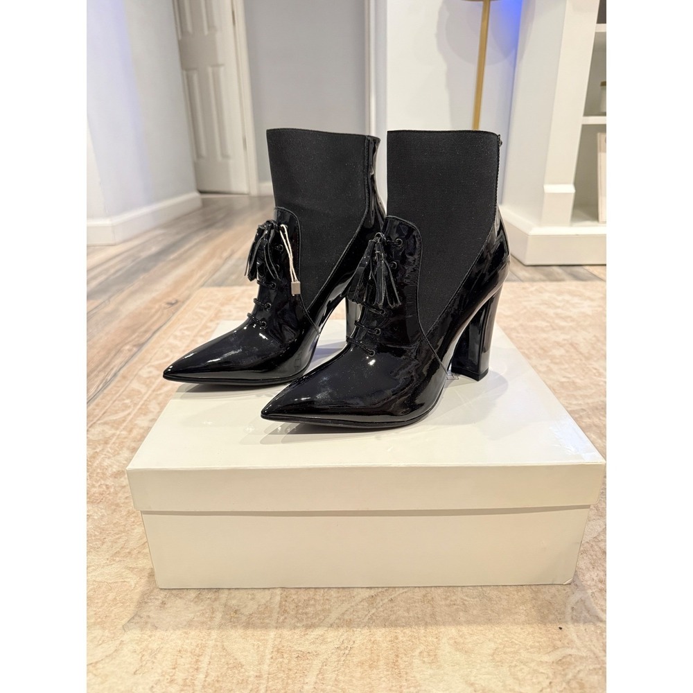 Pierre Darre Black Patent Leather Tassel Sock Ankle Boots, 38